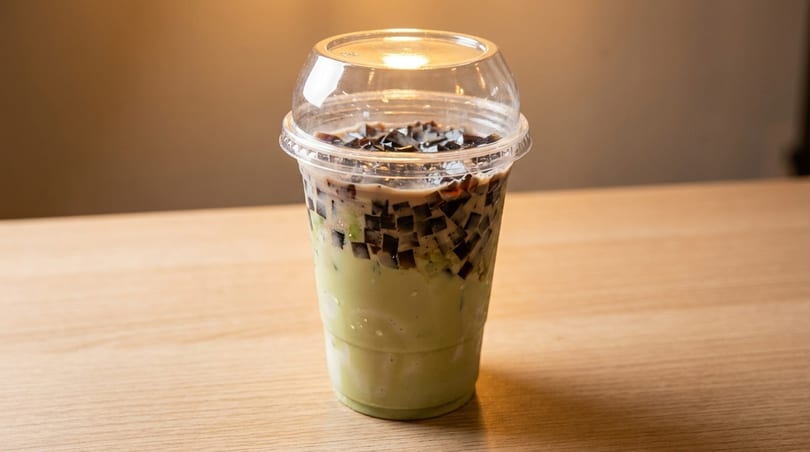 Matcha drink with dark jelly cubes and a creamy layer, in a clear plastic cup on a wooden table.